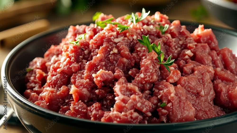 Freshly chopped meat in a black bowl with herbs garnishing the top of the vibrant red meat Freshly chopped meat in a black bowl with herbs garnishing the top of the vibrant red meat