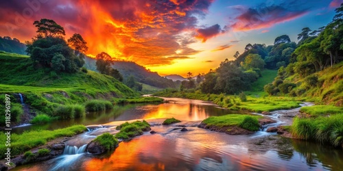 Cherrapunji Sunset: Vibrant Karmih Stream Photography, Meghalaya, India photo