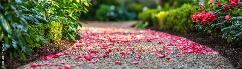 Fototapeta premium A serene garden path lined with vibrant flowers and scattered petals, inviting tranquility.