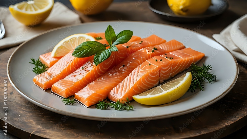 Fresh salmon fillet slices garnished with lemon and mint served on white plate. Food presentation concept
Fresh salmon fillet slices garnished with lemon and mint served on white plate. Food presentation concept