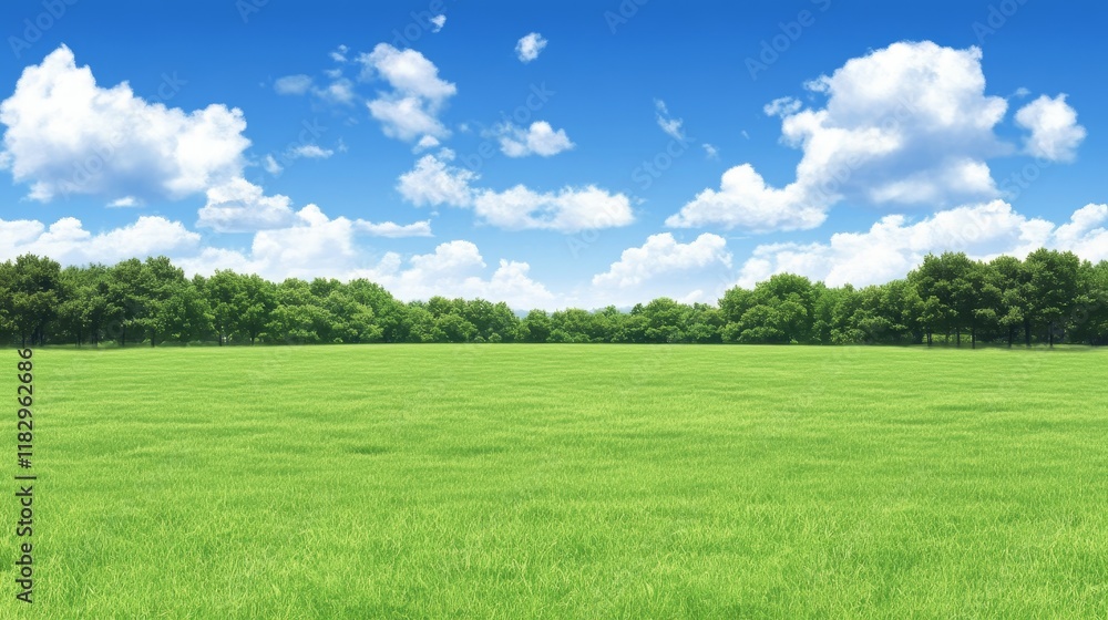 Serene Green Field Under Blue Sky with Trees Serene Green Field Under Blue Sky with Trees