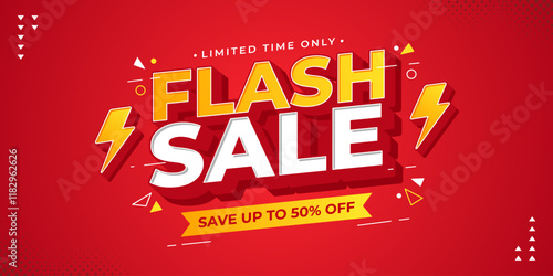 Flash sale promotional banner with bold 3d text, thunder and geometric shapes. Flash sale promo with discount offer for online shopping, special offer, voucher, website, social media advertising