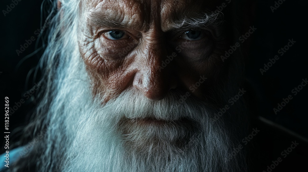 Close-up portrait of an elderly man with a long white beard, showing his weathered face and intense gaze. Close-up portrait of an elderly man with a long white beard, showing his weathered face and intense gaze.