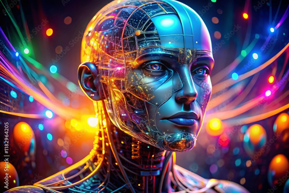 Glowing AI Robot Head: Holographic Display, High Depth of Field Stock Photo Glowing AI Robot Head: Holographic Display, High Depth of Field Stock Photo