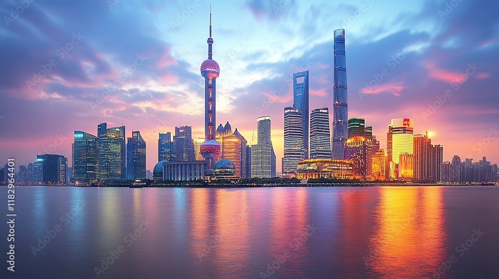 Fototapeta premium Shanghai skyline sunrise, urban cityscape reflection