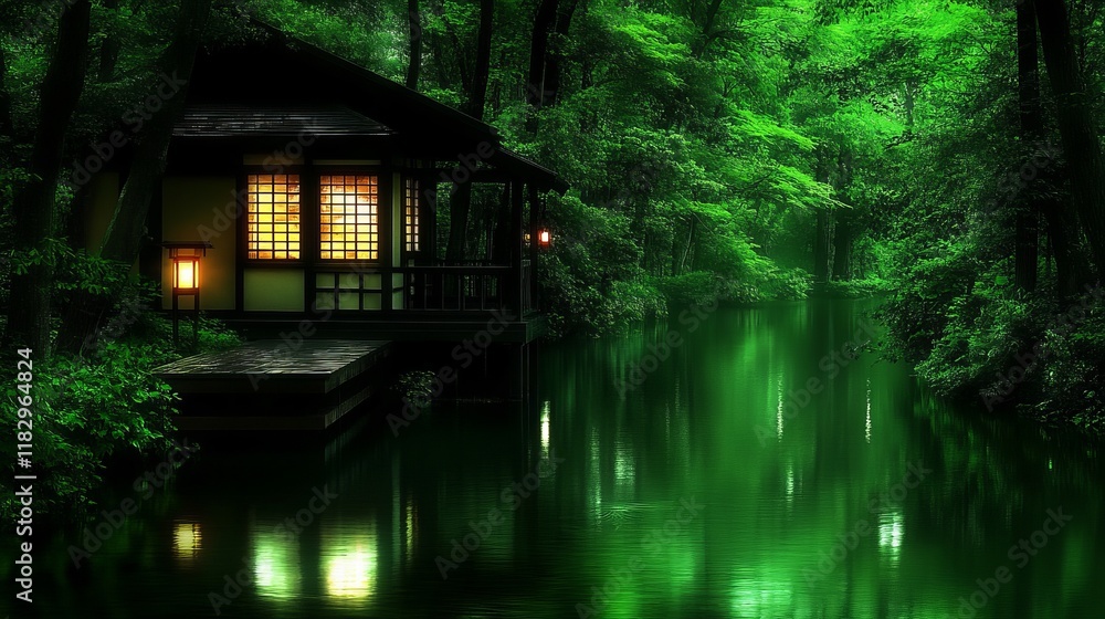 Serene Lakeside Cabin in Lush Green Forest at Night