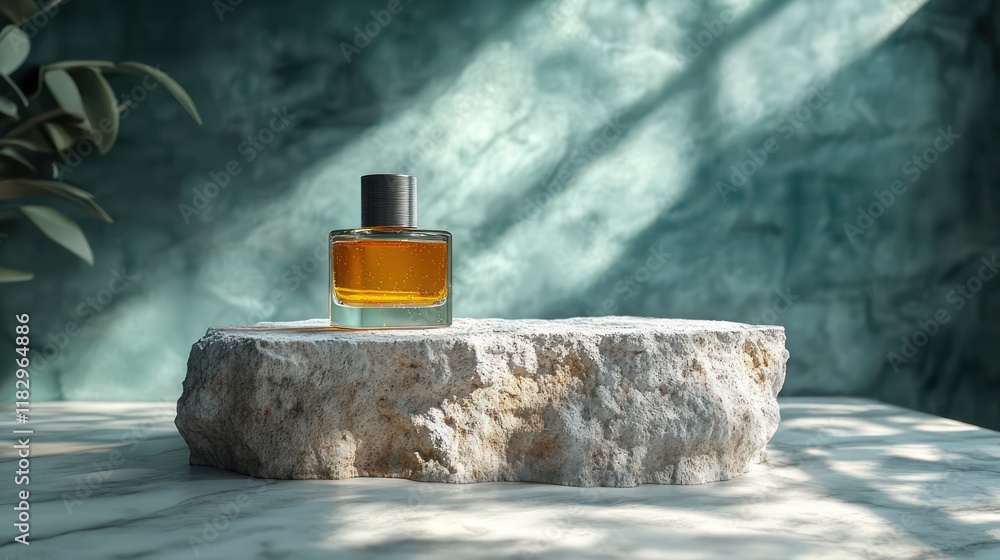 Minimalist Black Perfume Bottle on Concrete Pedestal with Soft Natural Light and Dramatic Shadows Minimalist Black Perfume Bottle on Concrete Pedestal with Soft Natural Light and Dramatic Shadows