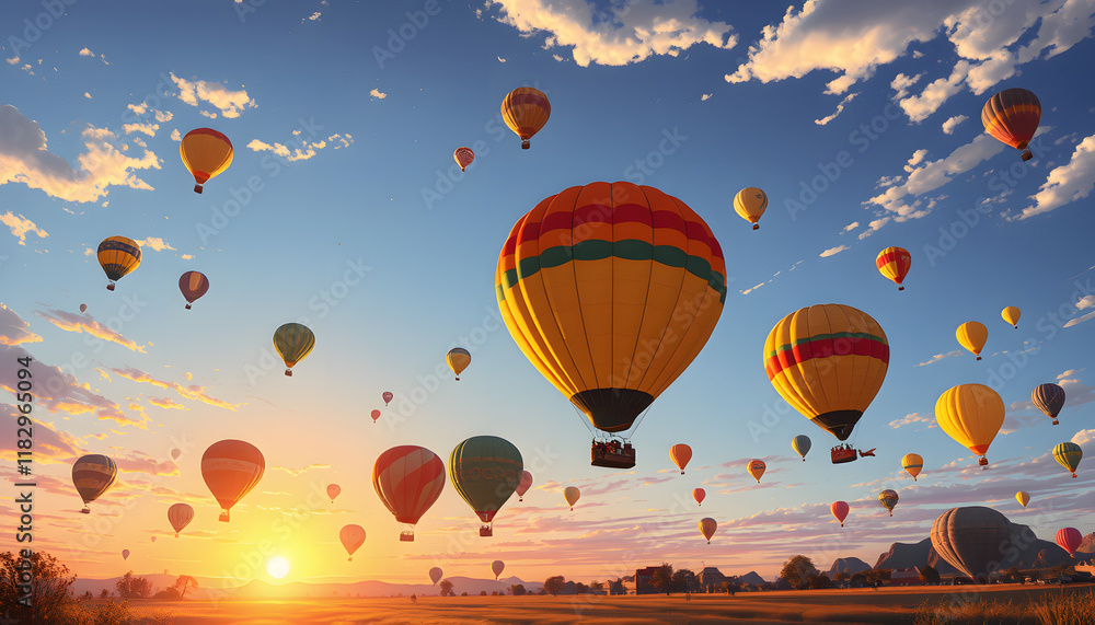 Obraz premium Balloon race at sunrise, comic art. isolated with white highlights