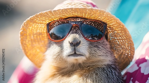 Marmot wearing sunglasses and a sunhat