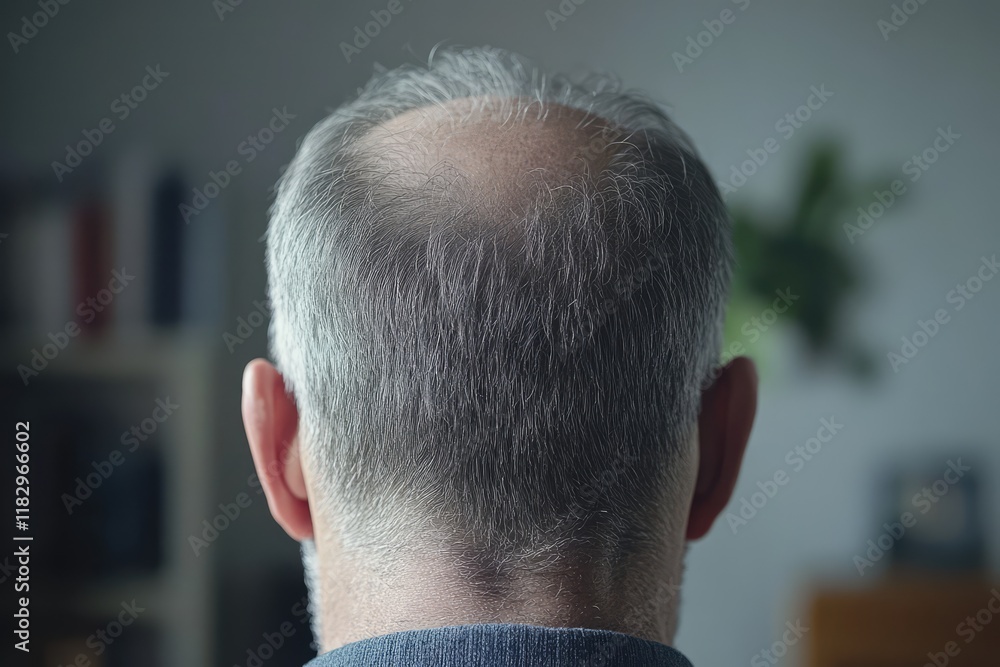 Fototapeta premium The Back of the Head: A close-up view of the back of a man's head, showcasing silver-gray hair and receding hairline. The image evokes thoughts of aging, maturity, and the passage of time. 