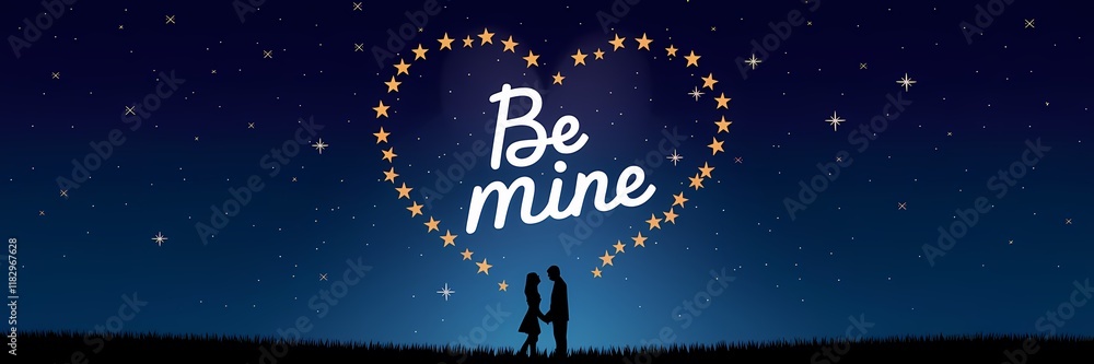 Naklejka premium A creative minimalist Valentine's Day poster design with a night theme. There's a heart made of stars in the sky. The text 