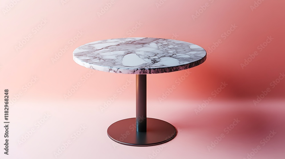 Minimalist round marble and metal table on pink background Minimalist round marble and metal table on pink background