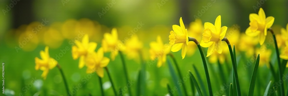 Fototapeta premium Bright yellow daffodil blooms in a lush green meadow, Meadow, Nature
