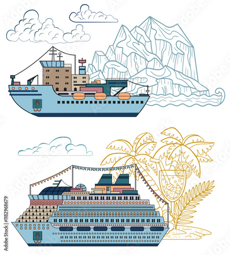 Colorful design vector set of icebreaker ship and cruise ship or passenger liner isolated on white. Travel, transportation and discovery concept. Line art cartoon illustrations