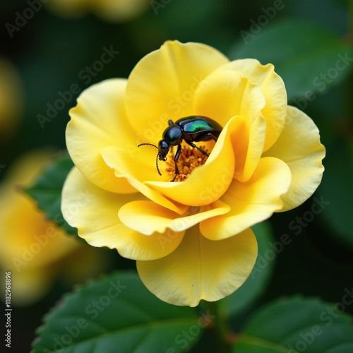 Chafer beetle collecting nectar from a yellow rose, garden, rose photo