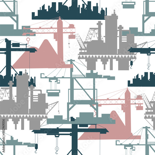 Seamless pattern with colorful silhouettes of heavy lifting port and construction cranes, loaders and oil platforms on white. Trade, business, import, export, industrial and logistics concept. 