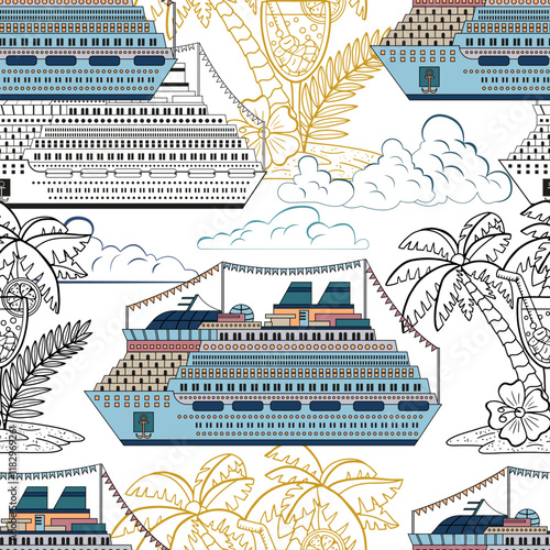 Colorful design vector set of icebreaker ship and cruise ship or passenger liner isolated on white. Travel, transportation and discovery concept. Line art cartoon illustrations