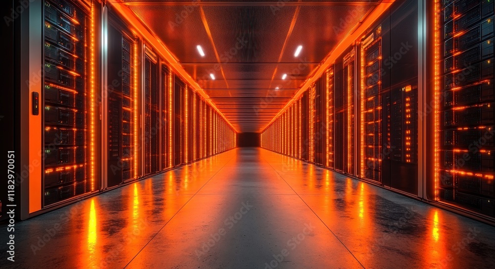 Fototapeta premium Futuristic Data Center Corridor with Neon Orange Lights Reflecting on Polished Floor