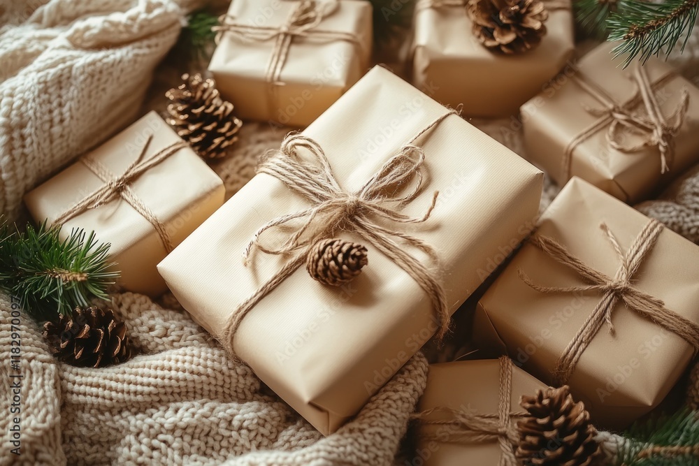 Christmas Gift Boxes with Twine and Pine Decor on White Table Flat Lay Christmas Gift Boxes with Twine and Pine Decor on White Table Flat Lay