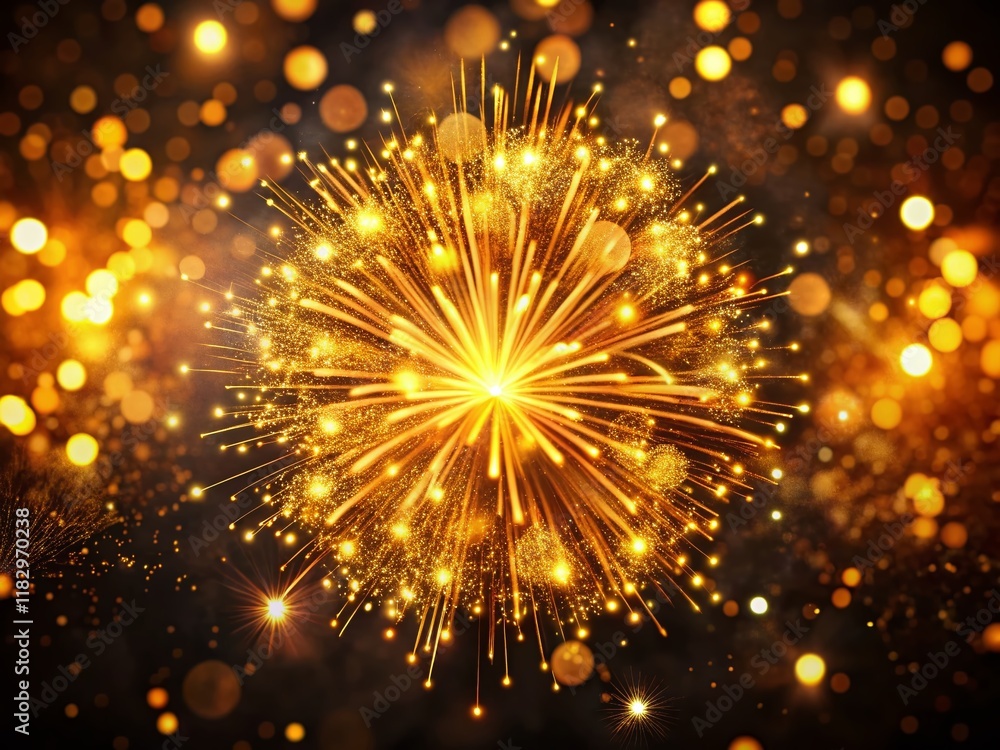 Obraz premium Golden Firework Explosion Aerial View with Bokeh Lights - Festive Celebration Background