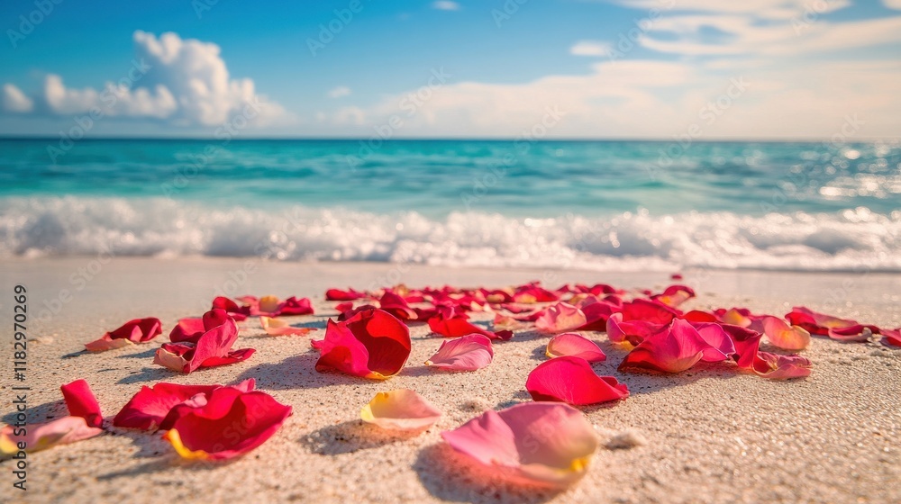 Beautiful beach scene with rose petals scattered on soft sand near turquoise ocean waves. Beautiful beach scene with rose petals scattered on soft sand near turquoise ocean waves.