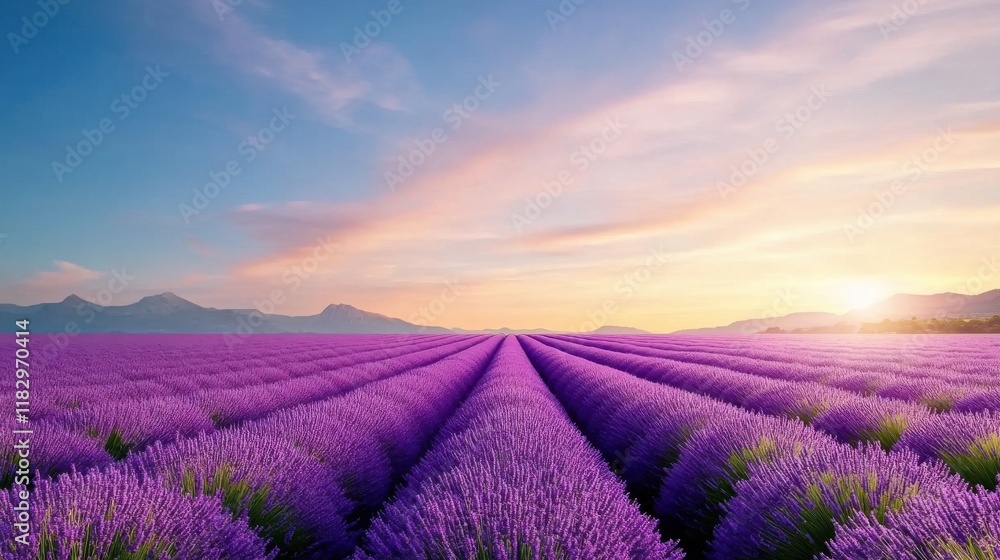 Obraz premium A field of lavender with a beautiful sunset in the background
