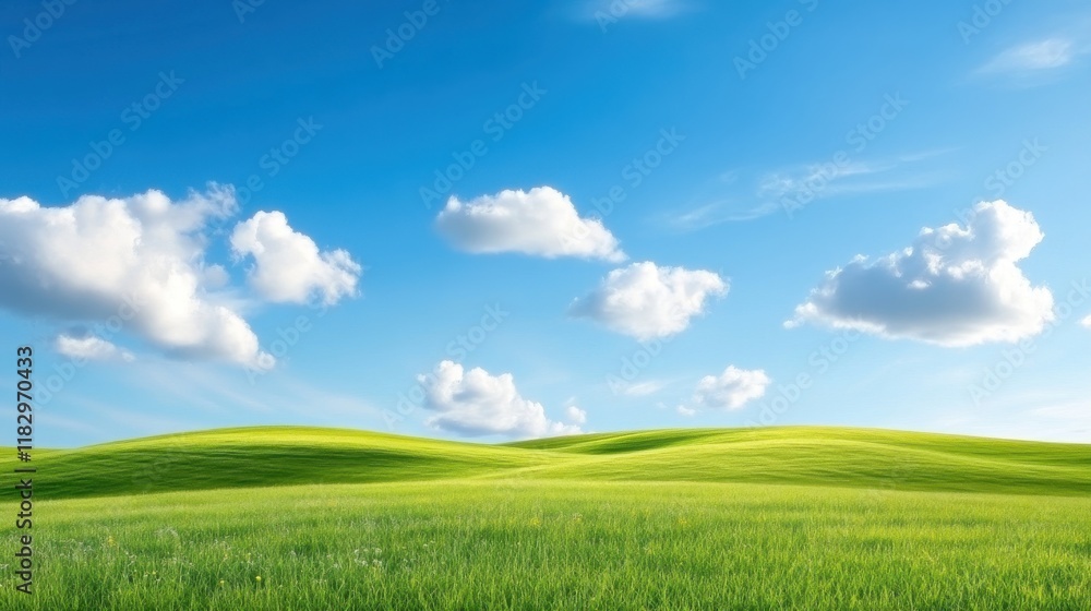 Obraz premium A large, open field with a blue sky and fluffy clouds