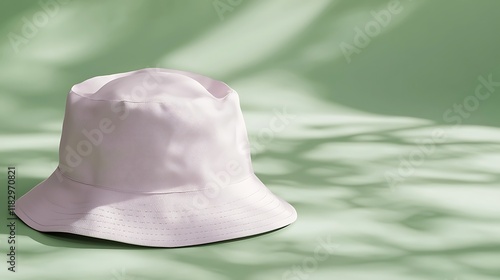 White bucket hat on green background with leaf shadows, product mockup photo