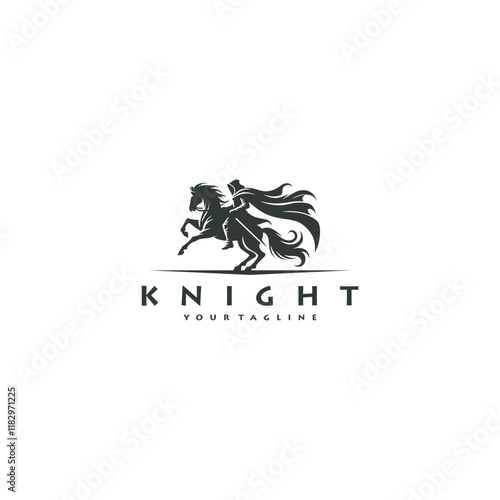 silhouette illustration of a knight logo riding a horse while carrying a sword in vintage style