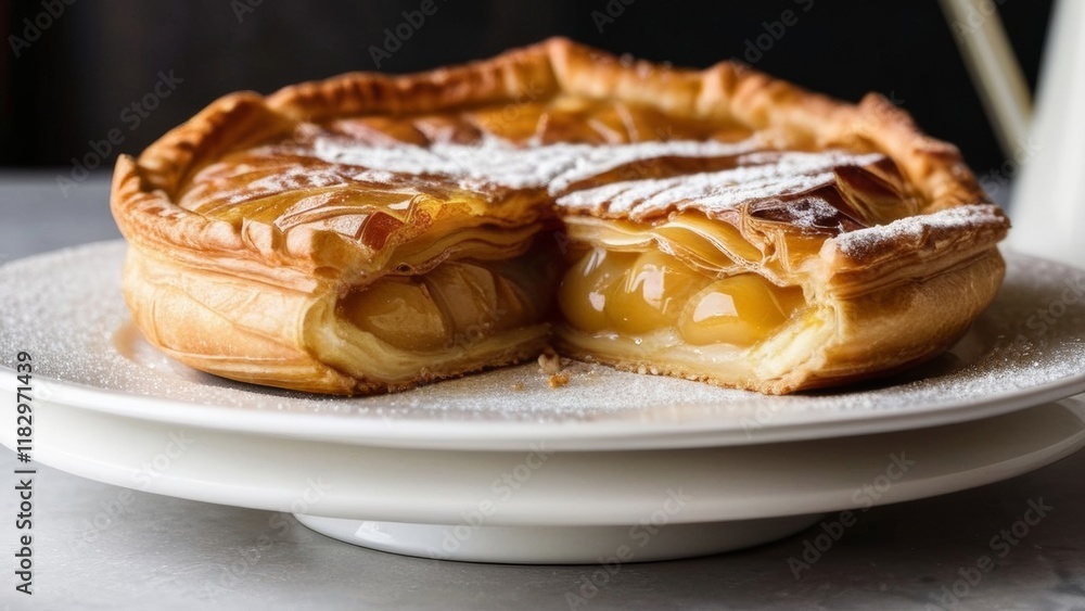 A front-view image of a golden Galette des Rois. The puff pastry is flaky and perfectly browned, with an intricate decorative pattern on top A front-view image of a golden Galette des Rois. The puff pastry is flaky and perfectly browned, with an intricate decorative pattern on top
