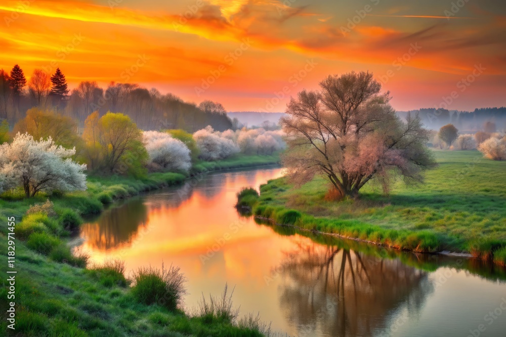 Obraz premium Peach, Azure & Green Spring Twilight: Retro Soft Pastel Stock Photo - Trendy Nature Background
