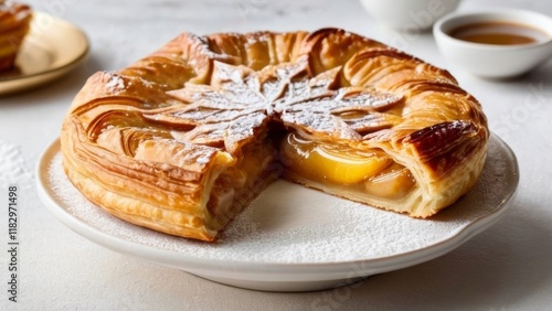 A front-view image of a golden Galette des Rois. The puff pastry is flaky and perfectly browned, with an intricate decorative pattern on top photo