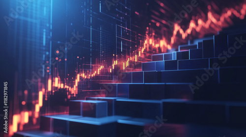 Rise up glowing arrow, volatility index chart on white blocks business chart steps on dark blue background. Business growth graph process, goal, success and economic improvement and analysis concepts.