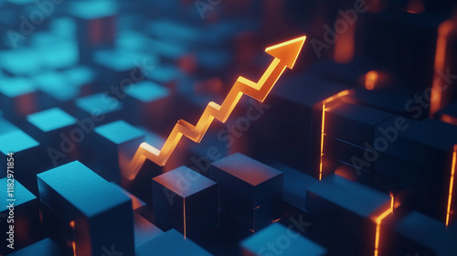 Rise up glowing arrow, volatility index chart on white blocks business chart steps on dark blue background. Business growth graph process, goal, success and economic improvement and analysis concepts.