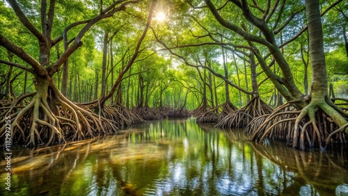 Stunning Diagonal Mangrove Forest Print: High-Res Stock Photo of Lush Coastal Ecosystem, Perfect for Nature & Travel Designs