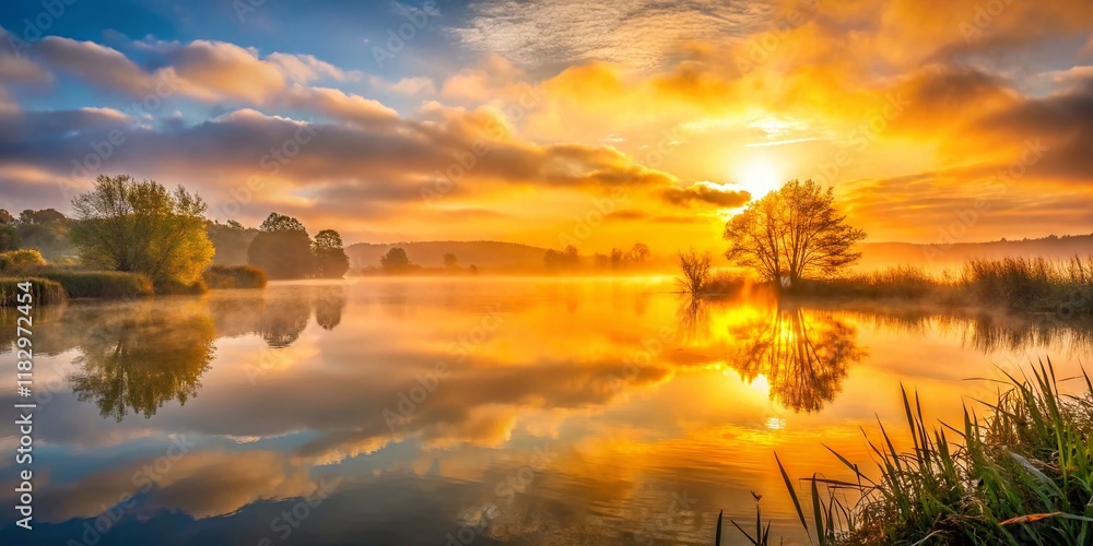 Obraz premium Golden Hour Sunrise over Westport Lake, Stoke-on-Trent, Staffordshire, UK - Foggy Morning Landscape Photography