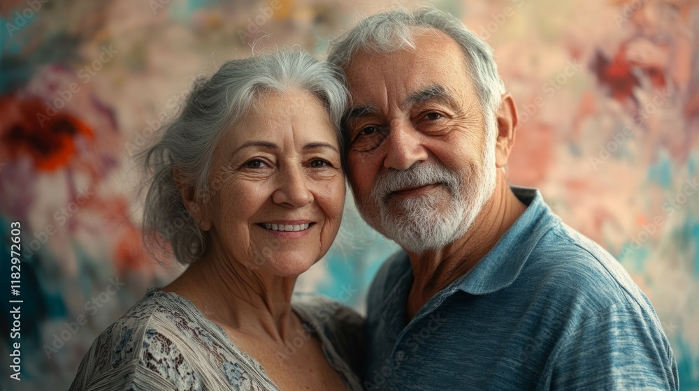 Smiling senior couple, close-up portrait against a colorful background. Smiling senior couple, close-up portrait against a colorful background.