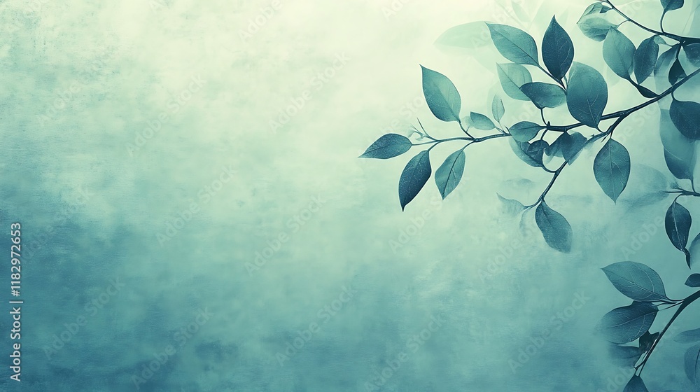 Serene Teal Background with Branch and Leaves