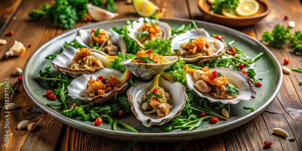 Fresh Oyster Salad with Fried Garlic and Acacia Leaves - A Culinary Delight of Ocean and Nature's Bounty Fresh Oyster Salad with Fried Garlic and Acacia Leaves - A Culinary Delight of Ocean and Nature's Bounty