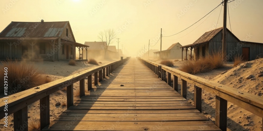 Naklejka premium Wooden boardwalk path leading to deserted structures in a dusty, sun-drenched landscape