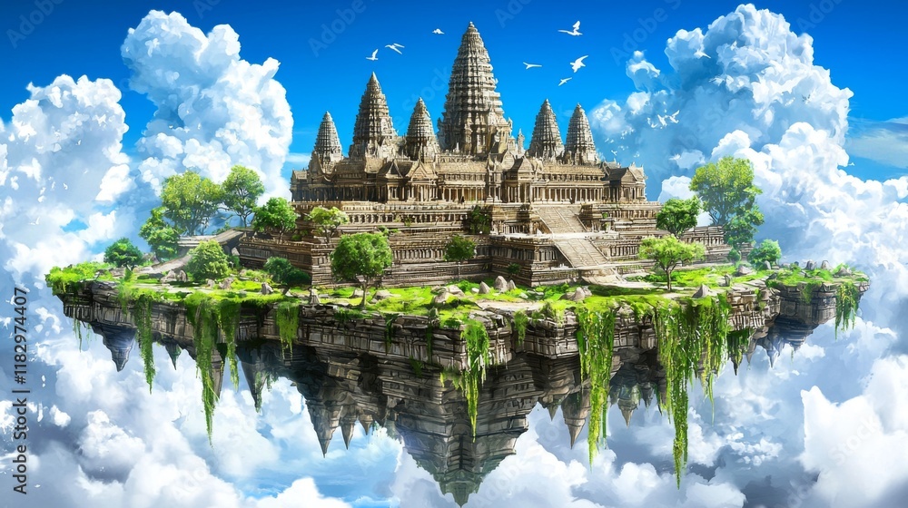 Obraz premium Floating Ancient Temple Surrounded by Lush Greenery and Blue Sky with Clouds