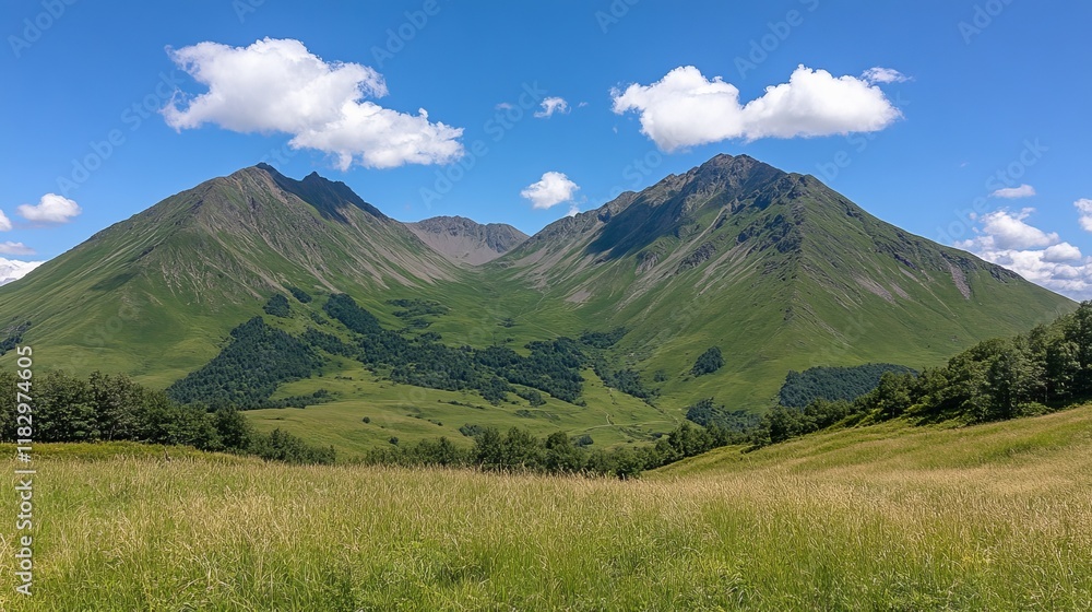 Serene Mountain Valley Panorama Under Blue Sky Serene Mountain Valley Panorama Under Blue Sky