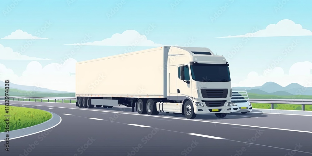 Semi-truck trailer carrying a car on the highway, illustration, automotive, concept, vehicle Semi-truck trailer carrying a car on the highway, illustration, automotive, concept, vehicle