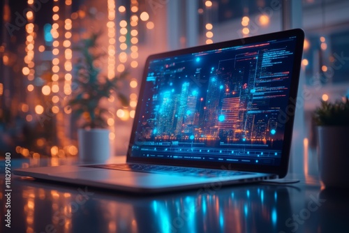 Modern laptop with a glowing digital interface on the screen