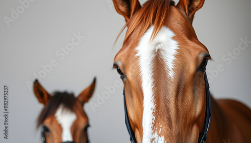Close-up of the head of a chestnut Thoroughbred racehorse going out to the track with a lead pony with a bridle and snaffle bit, studio photography. isolated with white highlights