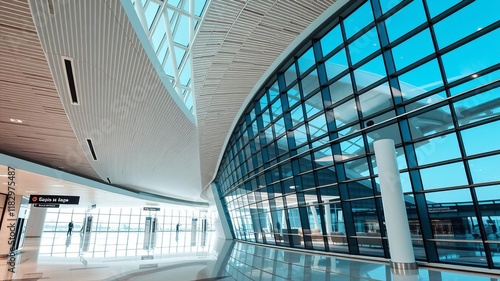 Sleek and futuristic airport terminal interior with glass walls, curved ceilings, and minimalist furniture, glass, modern, interior
