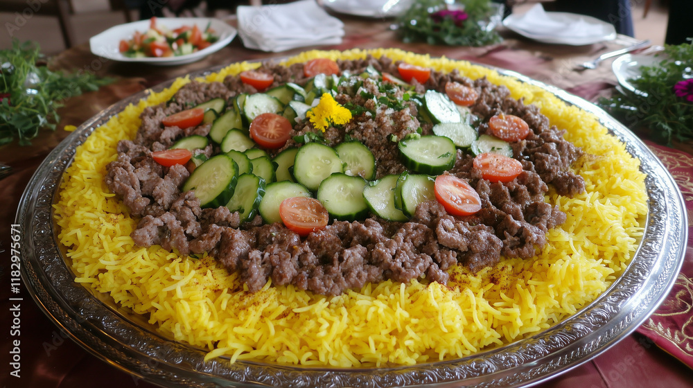 Ground Minced Kebabs with Yellow Rice and Fresh Cucumber-Tomato Salad Ground Minced Kebabs with Yellow Rice and Fresh Cucumber-Tomato Salad