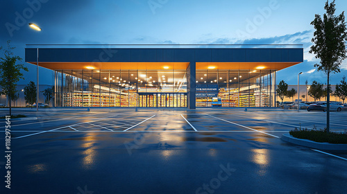 Modern supermarket at night, empty parking lot, rainy
