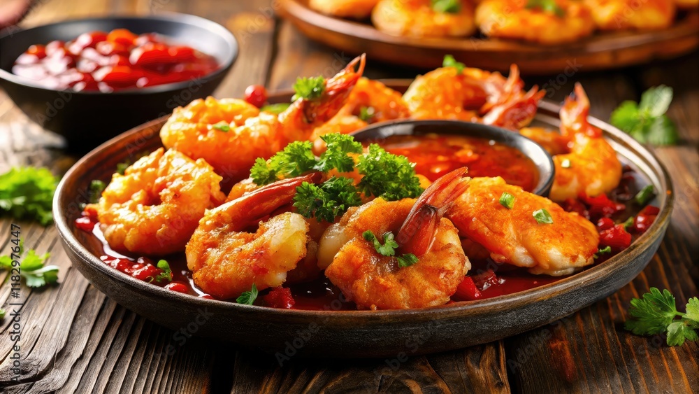 Crispy fried shrimp, vibrant red sauce, tilt-shift magic transforms a delicious seafood feast. Crispy fried shrimp, vibrant red sauce, tilt-shift magic transforms a delicious seafood feast.