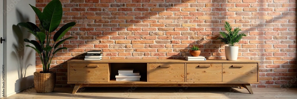 Wooden shelf in front of a brick wall in a modern living room, cozy living room, wooden home office storage Wooden shelf in front of a brick wall in a modern living room, cozy living room, wooden home office storage